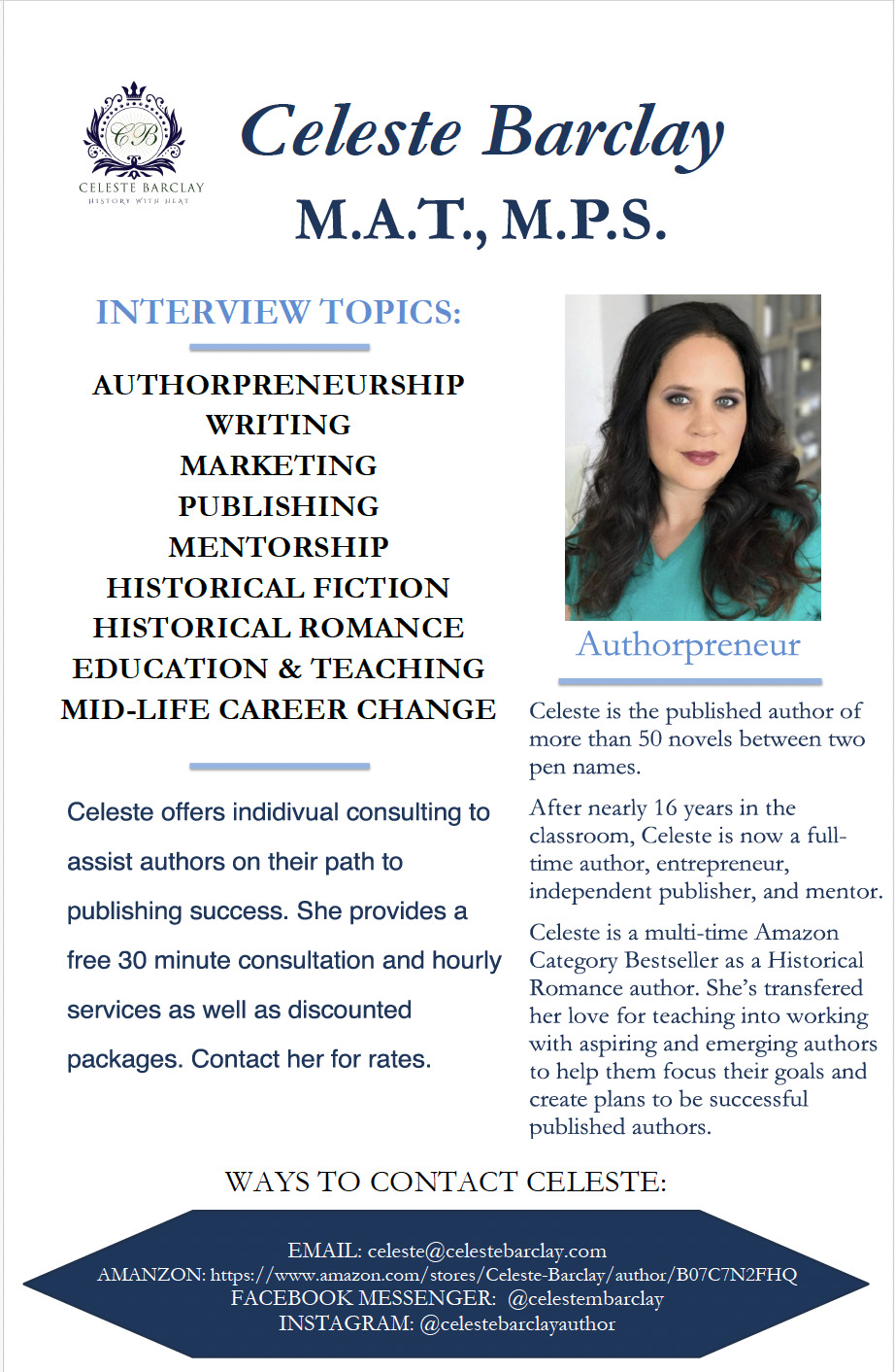 Celeste Barclay Bio Sheet with Head Shot Speaking engagements, seminars, consulting, and signing events