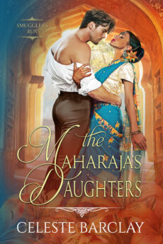 TMD-new-web The Maharaja's Daughters by Celeste Barclay cover, regency couple with woman in sari and in unbuttoned white shirt