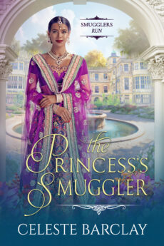 The Princess's Smuggler by Celeste Barclay cover, woman in sari with English manor and fountain behind