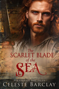 the-scarlet-blade-of-the-sea (1) The Scarlet Blade of the Sea by Celeste Barclay cover, red headed pirate with white shirt and sword in shadow